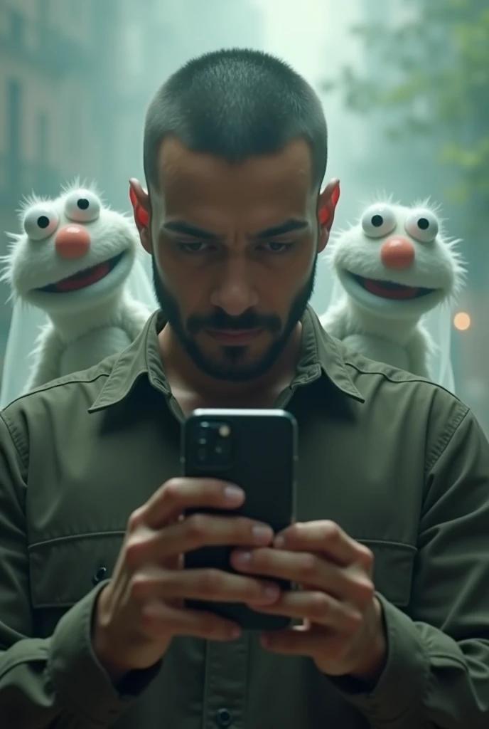  Latino man with a cropped beard and little hair , He has ghost muppets behind his back ,  the man has a cell phone in his hands as if he were taking photographs in front.  Realistic Image