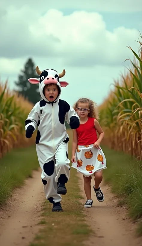 "An exaggerated comedic scene on a dirt path through a cornfield under a cloudy sky. A person dressed in a cow costume with black-and-white spots, resembling a playful and cartoony style, is running in shock. Behind them, a young girl with a mischievous ex...