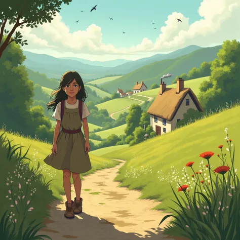 The girl continues on her way and finds a village