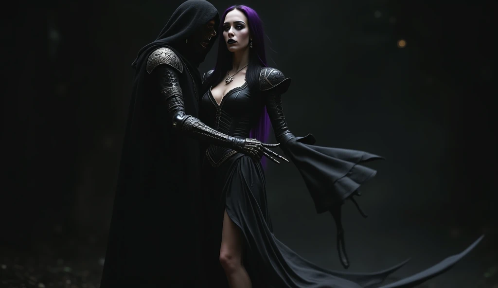 Ultra-high definition, cinematic masterpiece with perfect clarity and flawless detail. Callizto is a inquisitor. Her long black hair, streaked with deep purple highlights, flows in the subtle breeze, shimmering under the moody, ambient lighting. Her face i...