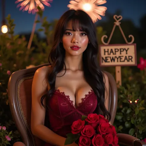 Pretty Young women round oval face ,beautiful,long highlighted black,pink hair with bangs,wearing a red maroon fitted tube V-neck evening dress with lace trim,big cleavage holding a bouquet of ,red rose.seating on aesthetic chair with a text on standing wo...