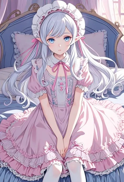 Anime style, full body, Maeve Moonwhisper, slender elf, pale skin, long flowing silver hair, large innocent blue eyes, wearing a frilly pink dress, sheer white stockings, pink ribbon around her neck, cute bonnet, sitting on the edge of a bed, shy expressio...