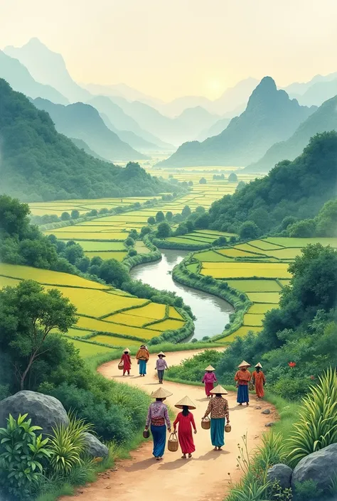 Watercolor painting of Vietnam in the early days