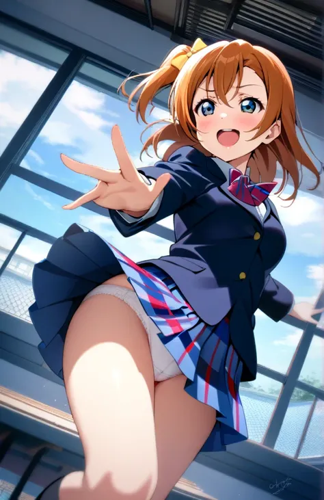 1girl, kousaka honoka, love live!, otonokizaka school uniform, red ribon, masterpiece, best quality, very aesthetic, absurdres, smile, looking at other, open mouth, dynamic angle, highres extremely detailed, beautiful scape, school gymnasium, dynamic pose,...