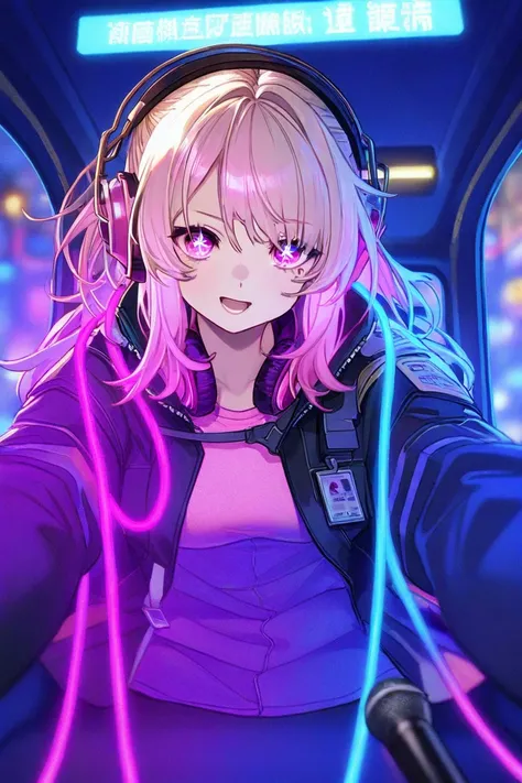 Create an anime-style illustration of a cyberpunk-style female bus guide in the year 2100 singing into a microphone on a bus.
The bus guide wears a futuristic rubber uniform and has headphones hanging from her neck.
The design will incorporate elements suc...