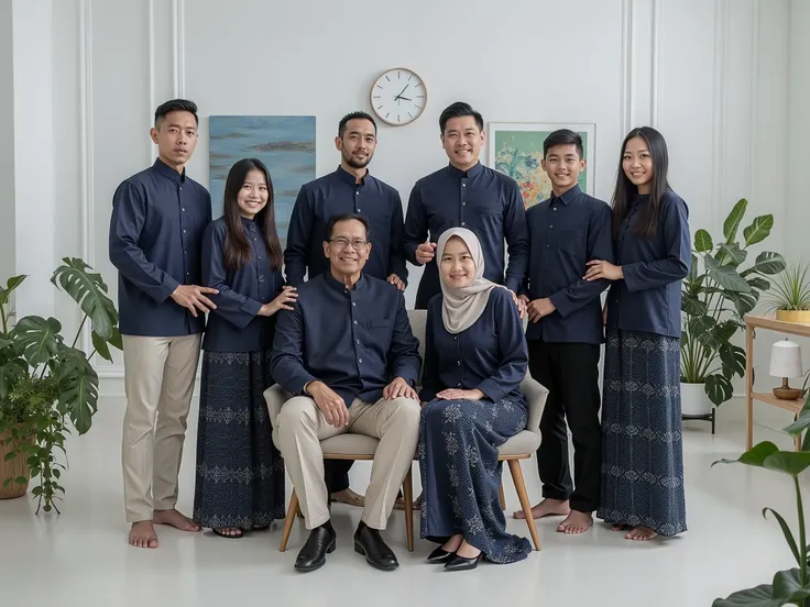 A stunning, high-resolution family portrait of an Indonesian family of eight members, all elegantly dressed in navy batik kebaya clothing and long dresses. The family is gathered in a bright, spacious minimalist living room, adorned with a clean white wall...