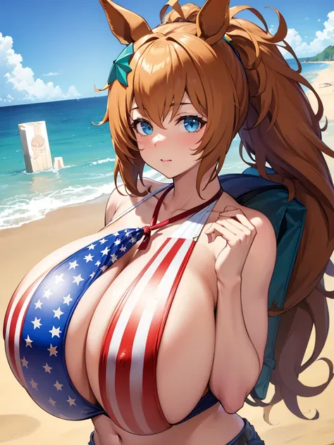 Taiki shuttle(umamusume),horse ear,horse tail,hair ornament,super fine illustration,beautiful face,American flag bikini,short shorts,on the beach,nsfw, (((gigantic  breasts))),covered nipples,cameltoe,looking at viewer,upper body,hanging breasts, 