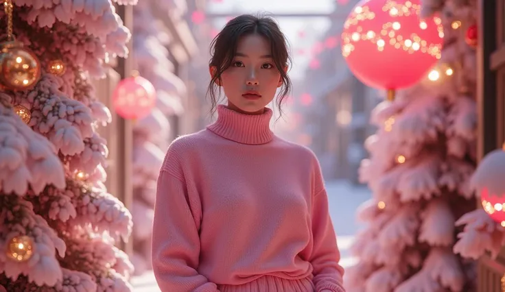 . ( Photorealistic :1.2)   1 girl, standing with different breasts 、, Christmas Decorations World Background, high neck pink sweater 、 pink shorts、 fashion model、Spanish and Chinese Half Beautiful Women 、,World-famous actresses、Sitting on the floor,
Clear ...