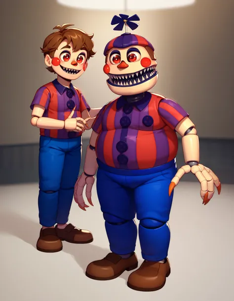 Nightmare_Balloon_B0yFNAF, red eyes, shirt, 1boy, short sleeves, shoes, striped, pants, brown footwear, blush stickers, striped shirt, blue pants, fat, chubby,  propeller hat, hat, brown hair, animatronic, robot joints, sharp teeth, claws