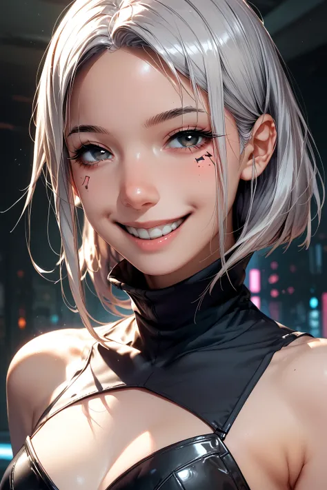  top quality 、masterpiece、 ultra high definition cyberpunk background 、（Photo resolution ：1.4）Ultra high definition movie directly above 、Close up upper body of a silver-haired twin-tailed girls face、smile、1 person、black eye pink high neck leotard、 white o...