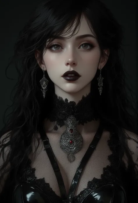 woman, goth, fangs, confident expression, silver stylized rubies earrings, black glossy top, harness, long black hair, bangs, curls, black lipstick, intricate details, goth, vampiristic aesthetics, black background, gothic stylized, goth style