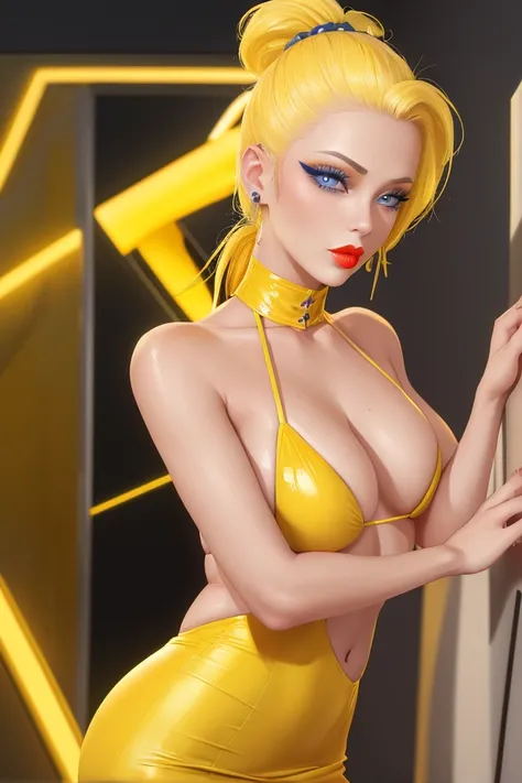 russian erotic mature, yellow hair , one shaved sides hair  ,   yellow blue eyes , big pump silicon lips  , yellow lipstick  neon dress 8k realistic most small micro bikini 