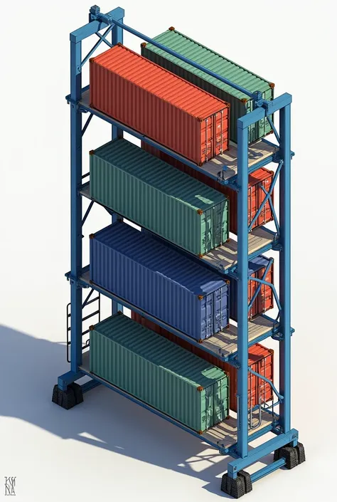  I want to draw a the automatic container stacking and retrieval model used in logistics 
###  Description of the model :
1. **Main frame**: 
    - The tall and sturdy frame ,  has 2 long vertical rows .
   - Mỗi hàng dọc có 5 tầng,  forms empty cells to h...