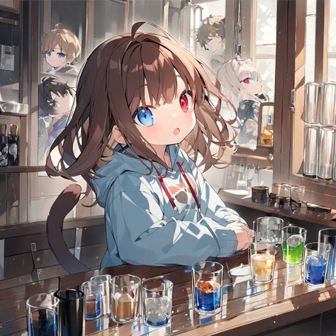 juvenile,Brown Hair,Heterochromia red eyes blue eyes,glass, hoodie,cute,cat ear,cat&#39;S-tail