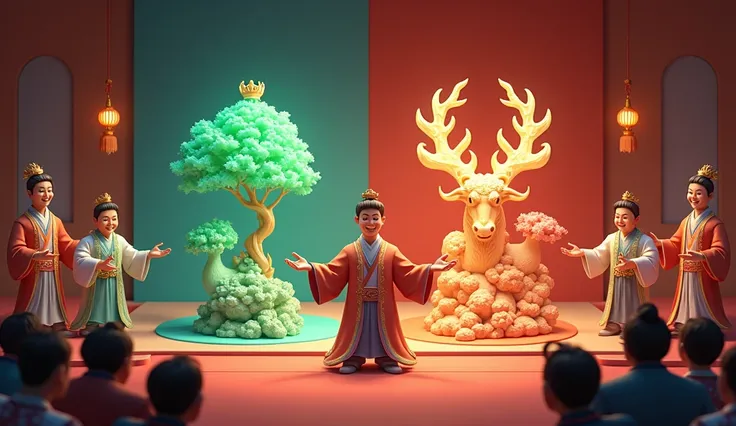 3D cartoon scene of A series of lavish displays: The "Thach Sung" man shows off a jade horse statue and a pearl-encrusted crown, while the Wang man shows off a glowing tree-like coral sculpture and a two-headed deer in a lush garden. Both men stand next to...