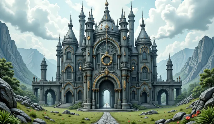 Wide view, futuristic, Sci-fi cinematic scene. Green grassland and flowers field natural background. the giant Armored Steampunk palace, stone mix metallic Gothic style Palace complex stand on the tank sprocket platform. Golden decor wall and dome, ornate ...