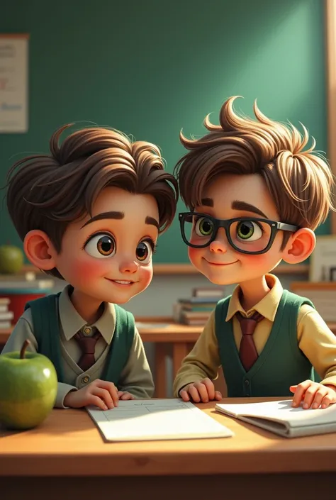 One with brown hair and brown eyes, wearing glasses, And a Mandrake boy with green eyes , Brown hair on the ruler and a stripe on the eyebrow at school