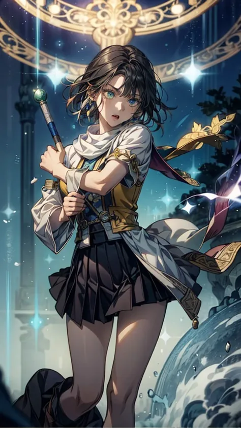    top quality , high definition ,rpg character,Priest, Elegant look,  cold eyes,  black hair,  short hair, 1 girl, Solemn,  red eyeliner ,  black skirt with length, bangs, Thighs,  Wizard-like Clothes ,  Pretty Bright Blue Clothes with Yellow Lines, Ornam...