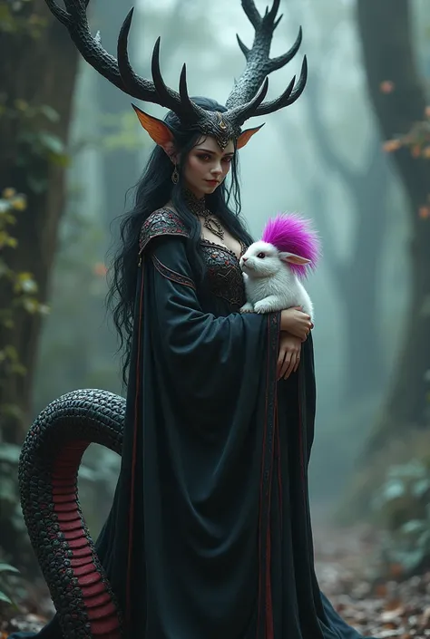 Druid lady that has antlers, red eyes, black and red snake tail for lower body while holding a white bunny with megenta mohawk