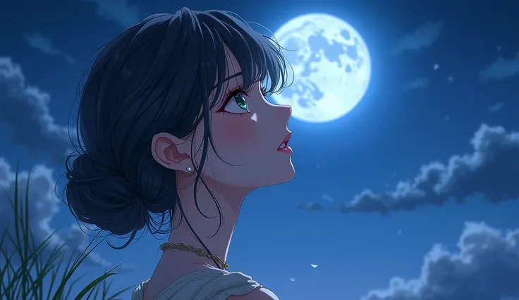 a beautiful woman raises her head looking at the bright moon ,  anime style 