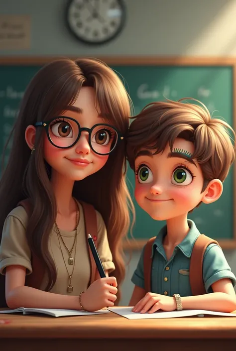 One with long brown hair and brown eyes wearing glasses, And a Mandrake boy with green eyes , Brown hair on the ruler and a stripe on the eyebrow at school