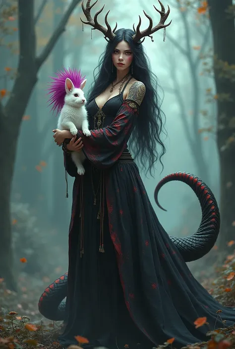 Druid lady that has antlers, red eyes, black and red snake tail for lower body while holding a white bunny with megenta mohawk