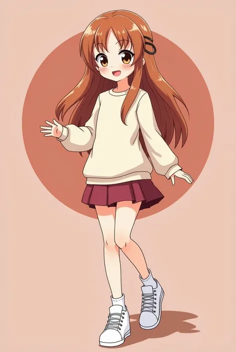 Kawai ,  long loose wavy hair in medium copper blonde,  short hoop on the right side ,  white skin , rosy cheekbones,  big brown eyes ,  smiling ,  with long and long sleeve t-shirt in rosewood color ,  short rosewood skirt ,  white sneakers , Stop and in ...