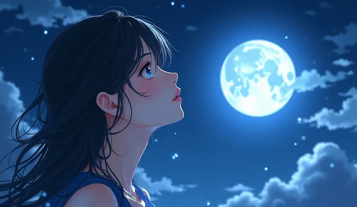 
a beautiful woman raises her head looking at the bright moon ,  anime style 