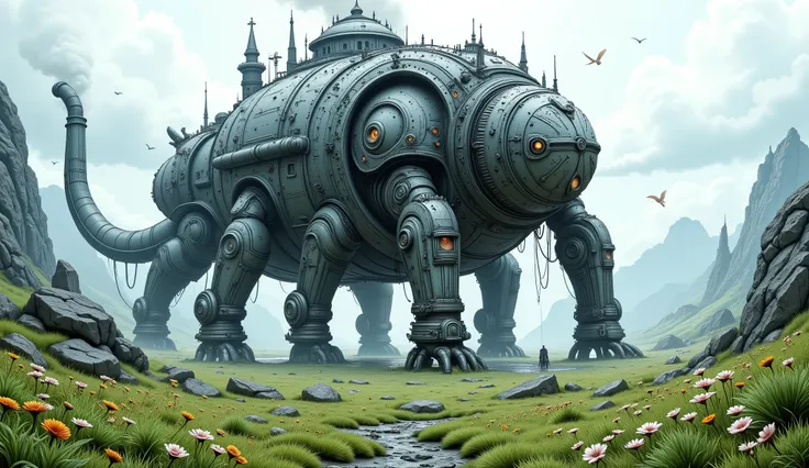 Wide view, futuristic, Sci-fi cinematic scene. Green grassland and flowers field natural background. the giant Armored Steampunk palace, stone mix metallic Gothic style Palace complex stand on the walking joined-leg platform. Gear andMachine elements, met...