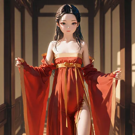 hanfu, loli, long hair, guofeng, chinese clothes, 1girl, solo, seductive_smile, 
realistic, nail polish, standing, from viewer,  cowboy shot, 
masterpiece, best quality, realistic, 8k, official art, cinematic light, ultra high res, perfect female body, sha...