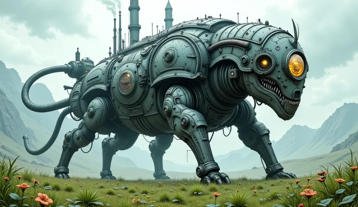 Wide view, futuristic, Sci-fi cinematic scene. Green grassland and flowers field natural background. the giant Armored Steampunk palace, stone mix metallic Gothic style Palace complex stand on the walking joined-leg platform. Gear andMachine elements, met...