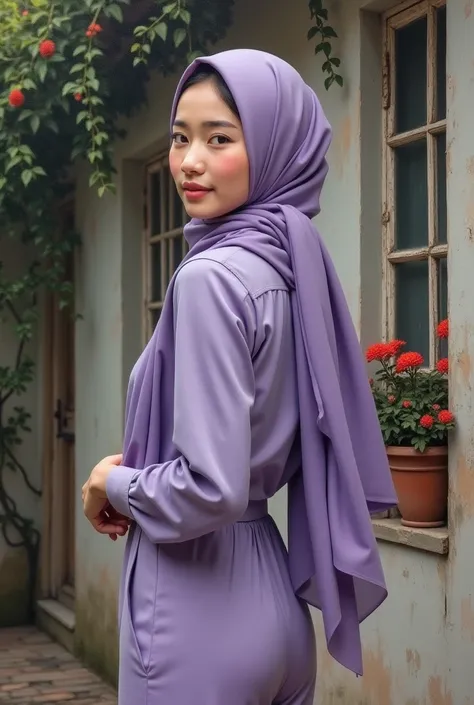 Asian romanticism oil painting on canvas of a beautiful and young asian woman lilac hijab,soft makeup,slight smile,wearing elegant modern purple blouse with lilac pants,looking over her shoulders,old wheathered windows with potted red flowers,ivy trees,ove...