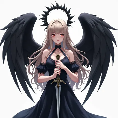 Anime female angel with black halo and wings and long light brown hair holding a bellyheight dagger on a white background 