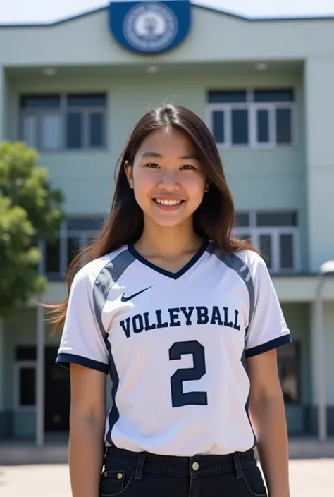 there is a woman standing in front of a building with a sign, dang my linh, 2 , 2 , 38 years old, mai anh tran, 2 , 3 , nivanh chanthara, photo of the girl, wearing a volleyball jersey, student, 3 