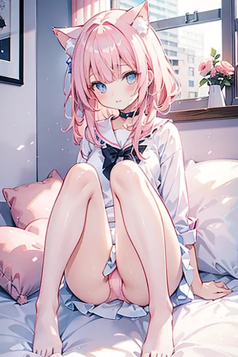 Charming light pink haired 18 year old cat ears girl wearing light blue panties and light pink short skirt， cat-eared girl sitting on bed face with red upskirt ，The whole body is in the picture 