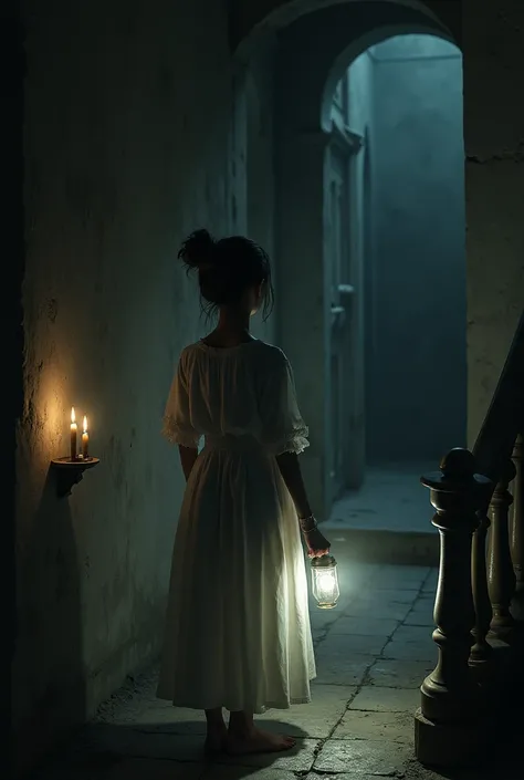 
A girl in a messy bun and a flowing white holding a lamp, standing in a shadowy room. Her back is turned as she faces a dark wall, with flickering candles placed in the corners casting an eerie glow. To the right of the wall, a slightly ajar bedroom door ...