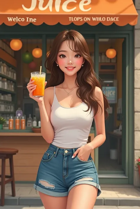 An 18-year-old Korean woman with long brown hair stands in front of a juice shop, holding a glass of orange juice, wearing a white tank top and denim shorts.