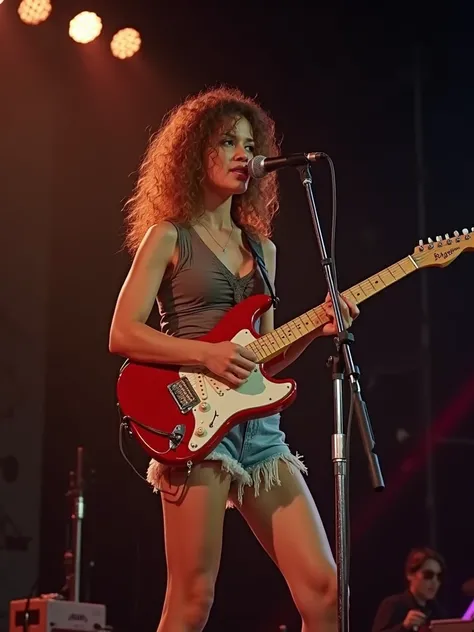 a classic rock female guitarist wide shot | 70s woodstock | MTV videoclip | full body | old school summer festival shot, age 20, 44dd round natural perky breasts. Darkest night. Stage lights.she’s singing in the standing microphone.