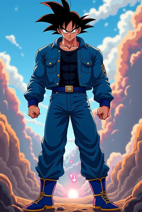 Goku with blue jacket and jeans and black shirt in dbs cartoon style 