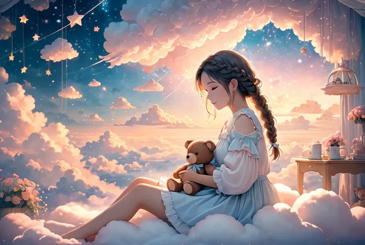 dreamy, magical,  girl, braided hair, sitting on fluffy cloud, holding teddy bear, cozy room, soft lighting, surreal, ethereal landscape, clouds, stars