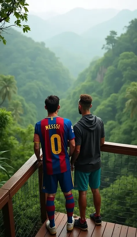 "Messi and Neymar standing on the platform of the treehouse, looking out at the dense jungle below. Their expressions show a mix of curiosity and adventure, with the vibrant green forest and misty atmosphere stretching into the distance."