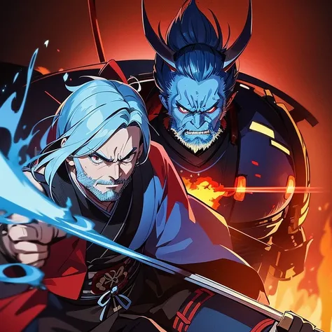 A old samurai with blue hair, and a blue beard, and blue eyes, wearing red and black armor, blue fire on his clothes,  looking angry in a ancient japanese house with massive blue fire in the background Anger Vein, 