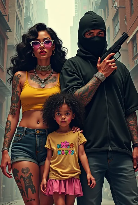 A woman with tattooed glasses and big boobs ,  with long wavy hair ,  next to a girl with short curly hair wearing Hello Kitty clothes,  next to a man tattooed with balaclava and gun in his hand  