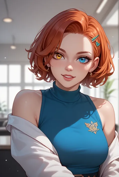 **Appearance**

She is a normal girl, except for her eyes, since she has heterochromia from a blow she suffered as a .

She is tall and slim, around 1.93m and 75kg.

She has a natural redhead and green and blue eyes, which makes her quite remarkable.