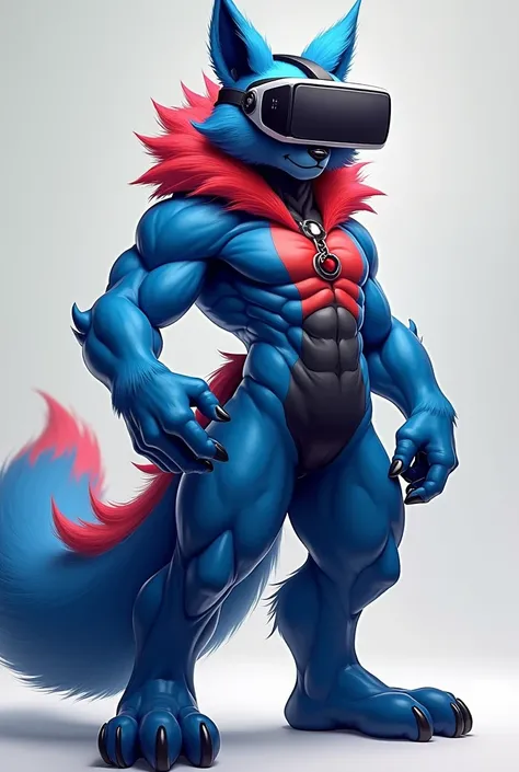 A furry with a healed body with a blue, black and red coat with VR glasses on his face