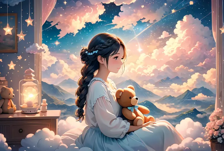 dreamy, magical,  girl, braided hair, sitting on fluffy cloud, holding teddy bear, cozy room, soft lighting, surreal, ethereal landscape, clouds, stars