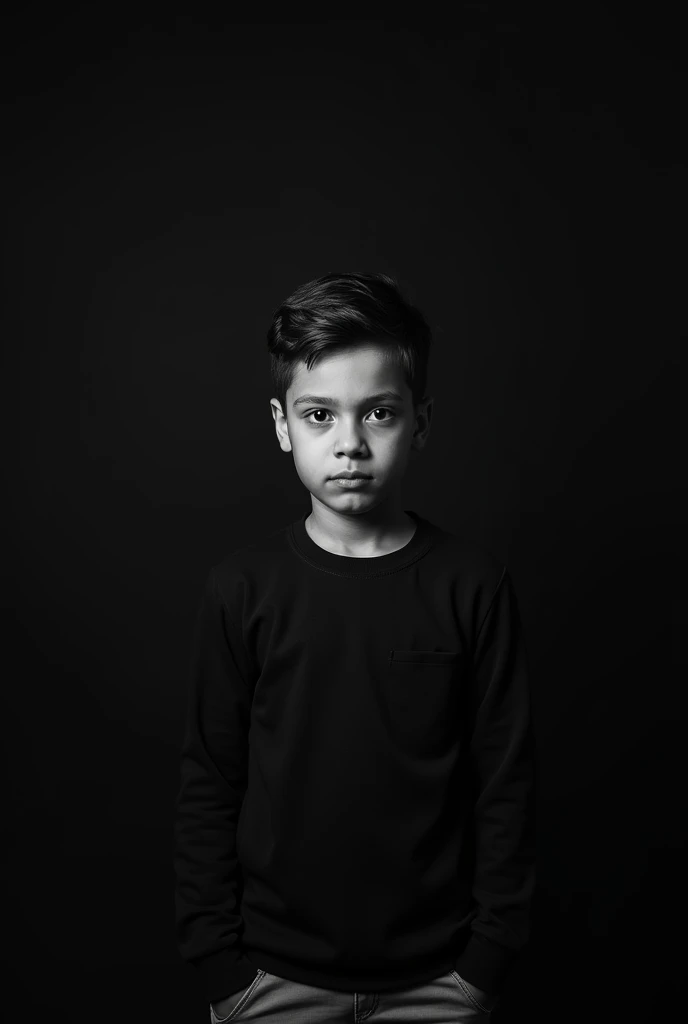 A boy in a black sweatshirt and a black background 