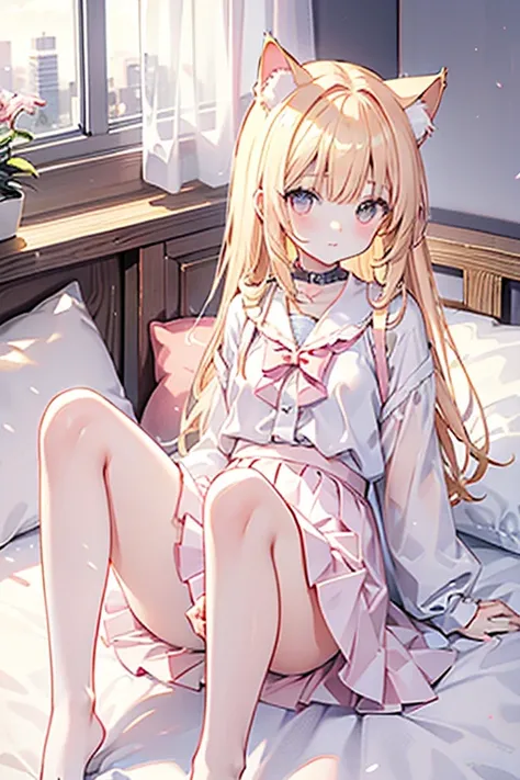 Charming light golden haired 18 year old cat ears girl wears white and light pink skirt，18 year old cat ears girl sitting on bed face red upskirt ，The whole body is in the picture 