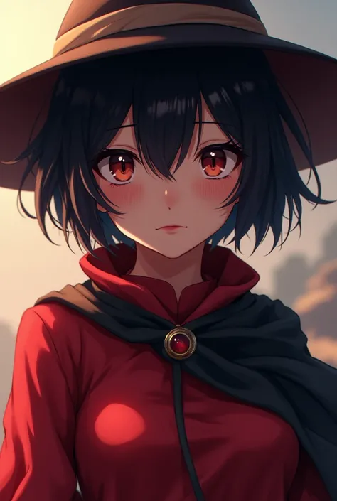 A Megumin from KanoSuba anime, short hair, wide-brimmed hat, red robe and black cape, hyperdetailed skin, hyperrealistic, high quality, masterpiece, dynamic lighting, Physically correct rendering, 8k, high resolution, beautiful detailed eyes, beautiful det...