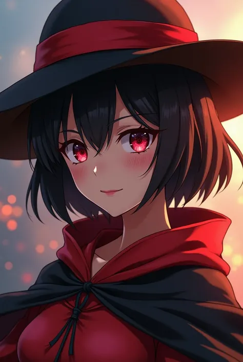 A Megumin from KanoSuba anime, short hair, wide-brimmed hat, red robe and black cape, hyperdetailed skin, hyperrealistic, high quality, masterpiece, dynamic lighting, Physically correct rendering, 8k, high resolution, beautiful detailed eyes, beautiful det...